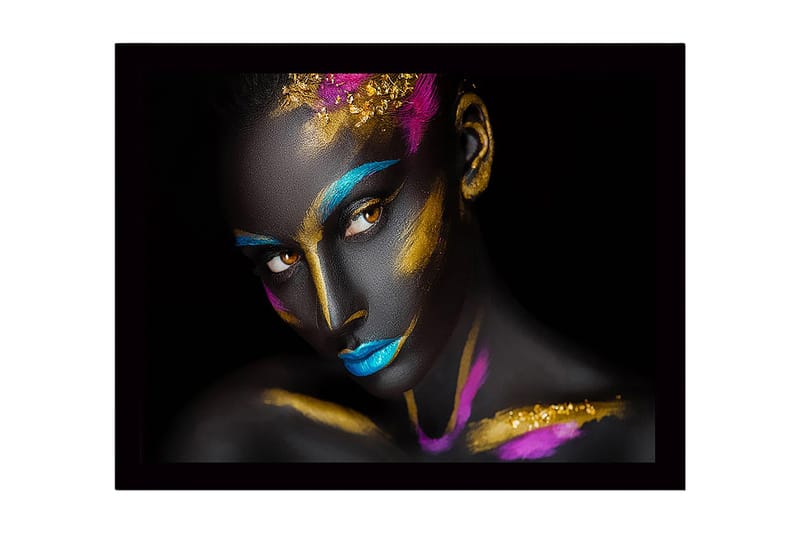 Innrammet lerret i tre - 41x56 cm - Kunstverk av en kvinne med fargerik ansiktsmaling, Svart / Blå / Gull