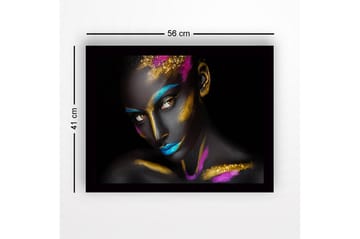 Innrammet lerret i tre - 41x56 cm - Kunstverk av en kvinne med fargerik ansiktsmaling - Svart / Blå / Gull - Interiør - Maleri & posters - Lerretsbilder