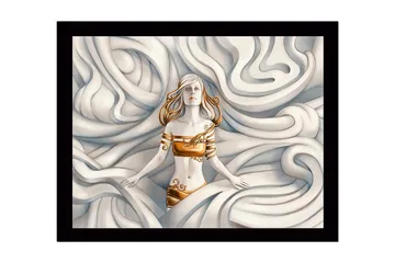 Innrammet lerret i tre - 41x56 cm - Kvinne i et drømmeaktig miljø omgitt av svaiende former - Hvit / Beige / Gyllen - Interiør - Maleri & posters - Lerretsbilder