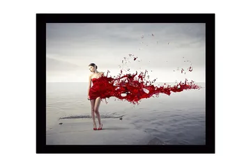 Innrammet lerret i tre - 41x56 cm - Kvinne i rød kjole med flytende røde malingspartikler - Rød / Grå - Interiør - Maleri & posters - Lerretsbilder