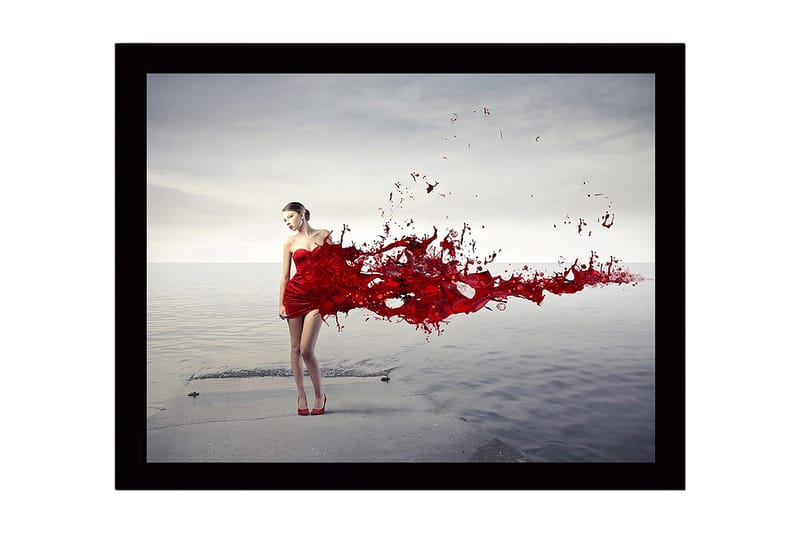 Innrammet lerret i tre - 41x56 cm - Kvinne i rød kjole med flytende røde malingspartikler, Rød / Grå