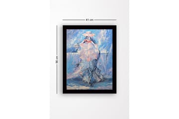 Innrammet lerret i tre - 41x56 cm - Kvinne med parasoll i et drømmeaktig, blått miljø - Blå / Rosa / Hvit - Interiør - Maleri & posters - Lerretsbilder
