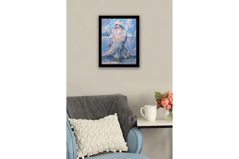 Innrammet lerret i tre - 41x56 cm - Kvinne med parasoll i et drømmeaktig, blått miljø - Blå / Rosa / Hvit - Interiør - Maleri & posters - Lerretsbilder