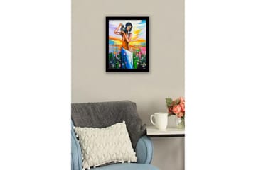 Innrammet lerret i tre - 41x56 cm - Kvinne som bærer en potte i et fargerikt landskap - Oransje / Grønn / Blå - Interiør - Maleri & posters - Lerretsbilder