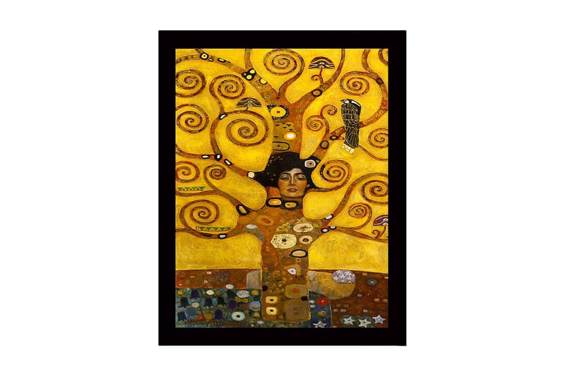 Innrammet lerret i tre - 41x56 cm - Kvinnelig figur omgitt av spinnende tregrener og symbolske elementer, Gull / Brun / Svart