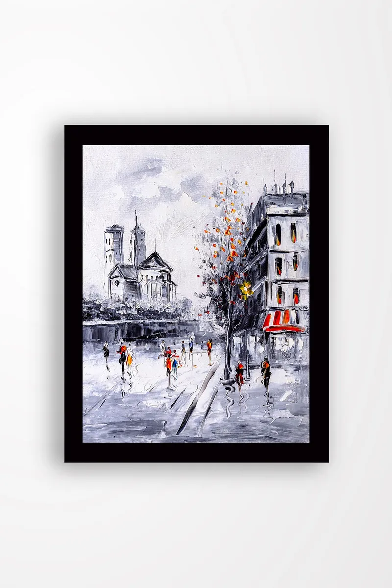 Innrammet lerret i tre - 41x56 cm - Livlig bybilde med folk som går i et høstlig miljø, Grå / Oransje / Rød