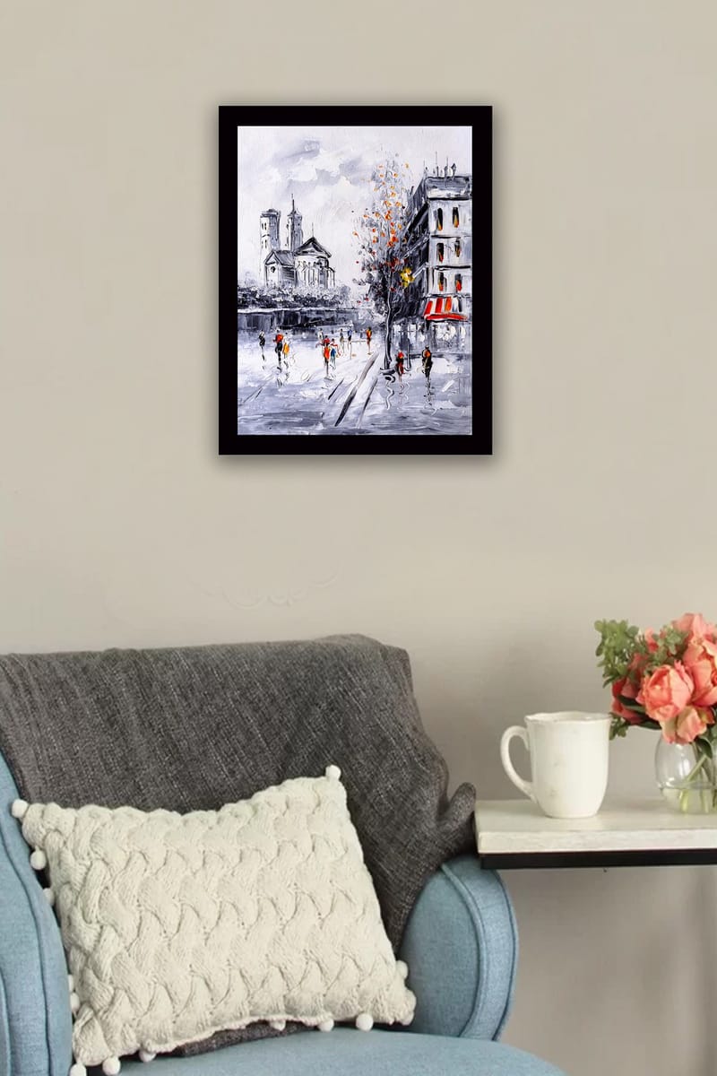 Innrammet lerret i tre - 41x56 cm - Livlig bybilde med folk som går i et høstlig miljø - Grå / Oransje / Rød - Interiør - Maleri & posters - Lerretsbilder