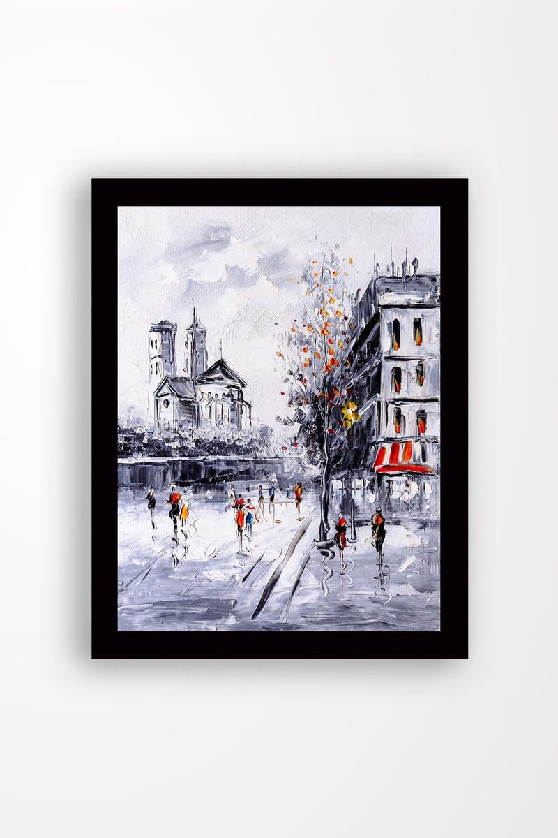 Innrammet lerret i tre - 41x56 cm - Livlig bybilde med folk som går i et høstlig miljø, Grå / Oransje / Rød