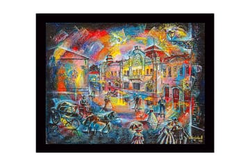 Innrammet lerret i tre - 41x56 cm - Livlig bybilde med mennesker i historiske klær og hestevogner - Blå / Rød / Gul - Interiør - Maleri & posters - Lerretsbilder