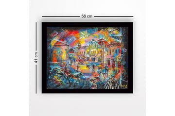 Innrammet lerret i tre - 41x56 cm - Livlig bybilde med mennesker i historiske klær og hestevogner - Blå / Rød / Gul - Interiør - Maleri & posters - Lerretsbilder