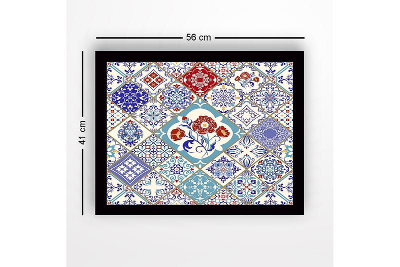 Innrammet lerret i tre - 41x56 cm - Mønstret flisekomposisjon med blomstermotiver og geometriske former - Blå / Rød / Hvit - Interiør - Maleri & posters - Lerretsbilder