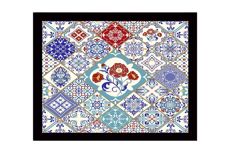 Innrammet lerret i tre - 41x56 cm - Mønstret flisekomposisjon med blomstermotiver og geometriske former, Blå / Rød / Hvit