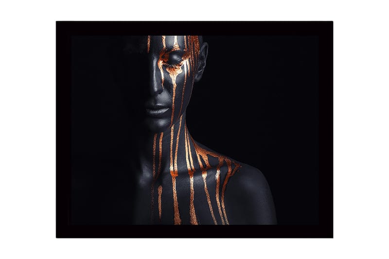 Innrammet lerret i tre - 41x56 cm - Mørk figur med gullstriper som renner nedover ansiktet og kroppen, Svart / Gull