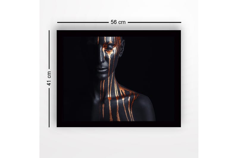 Innrammet lerret i tre - 41x56 cm - Mørk figur med gullstriper som renner nedover ansiktet og kroppen - Svart / Gull - Interiør - Maleri & posters - Lerretsbilder