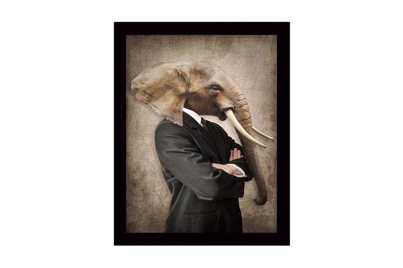 Innrammet lerret i tre - 41x56 cm - Mann med elefanthode i dress, Grå / Brun / Svart