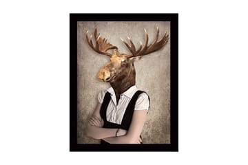 Innrammet lerret i tre - 41x56 cm - Mann med elghode i formell antrekk - Brun / Hvit / Grå - Interiør - Maleri & posters - Lerretsbilder