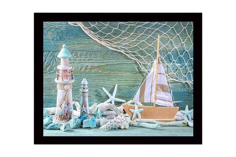 Innrammet lerret i tre - 41x56 cm - Maritim scene med seilbåt og fyr, Turkis / Hvit / Beige