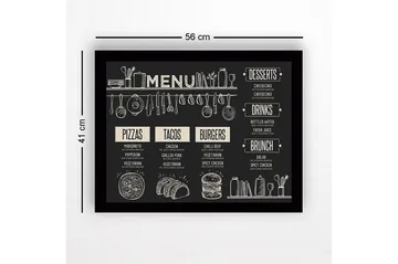 Innrammet lerret i tre - 41x56 cm - Meny med mat og drikke i skisseaktig stil - Svart / Beige - Interiør - Maleri & posters - Lerretsbilder