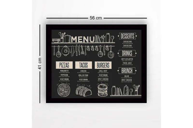 Innrammet lerret i tre - 41x56 cm - Meny med mat og drikke i skisseaktig stil - Svart / Beige - Interiør - Maleri & posters - Lerretsbilder