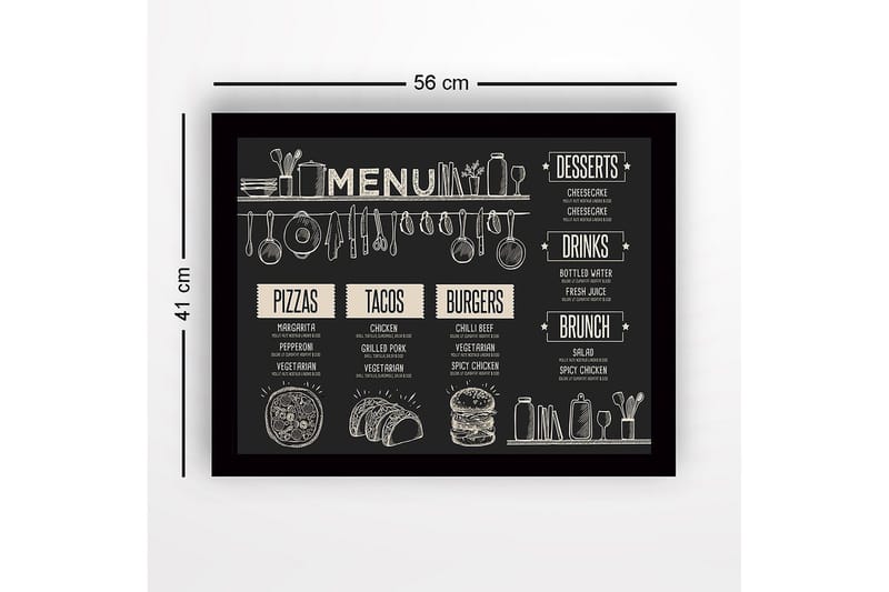 Innrammet lerret i tre - 41x56 cm - Meny med mat og drikke i skisseaktig stil - Svart / Beige - Interiør - Maleri & posters - Lerretsbilder