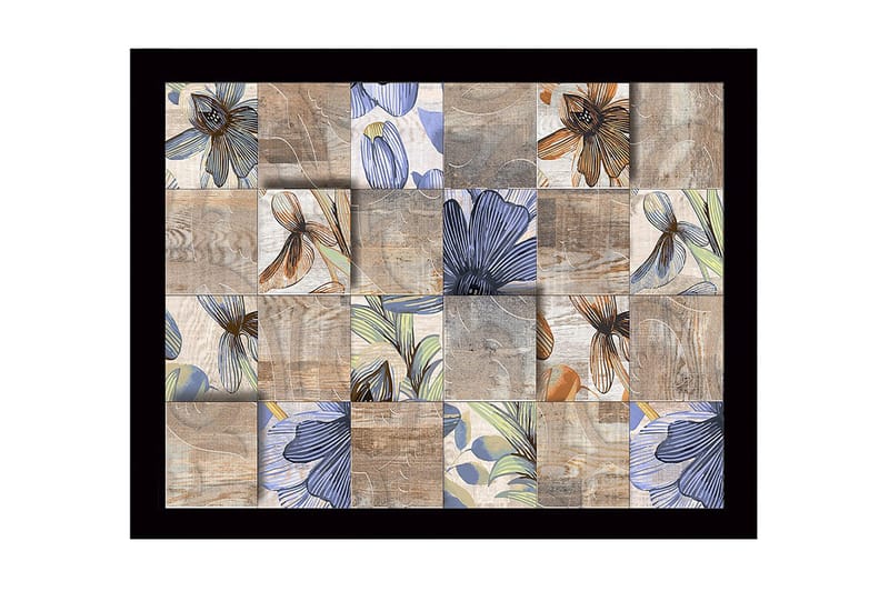 Innrammet lerret i tre - 41x56 cm - Mosaikk av blomster i forskjellige farger og former, Beige / Blå / Brun
