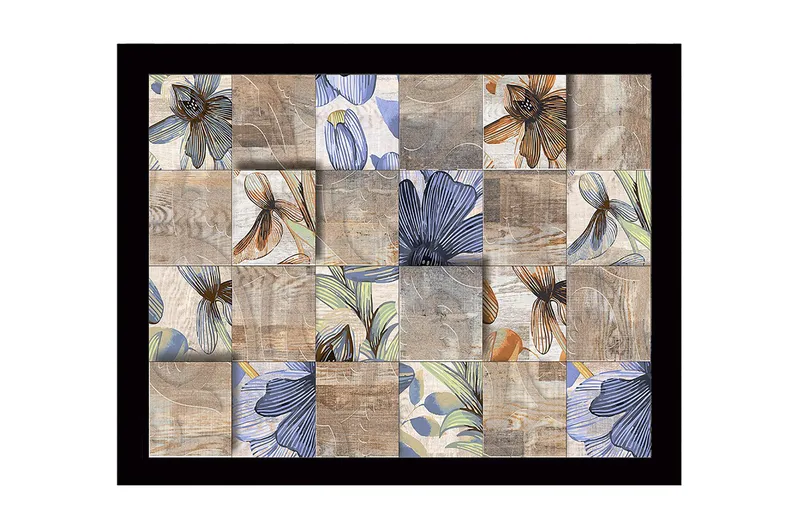 Innrammet lerret i tre - 41x56 cm - Mosaikk av blomster i forskjellige farger og former, Beige / Blå / Brun