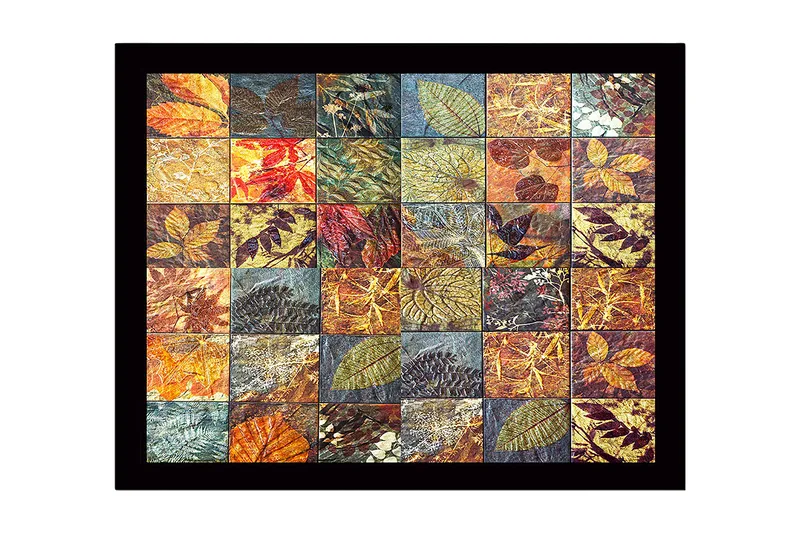 Innrammet lerret i tre - 41x56 cm - Mosaikk av forskjellige blader i varierende farger og teksturer, Gull / Rød / Grønn