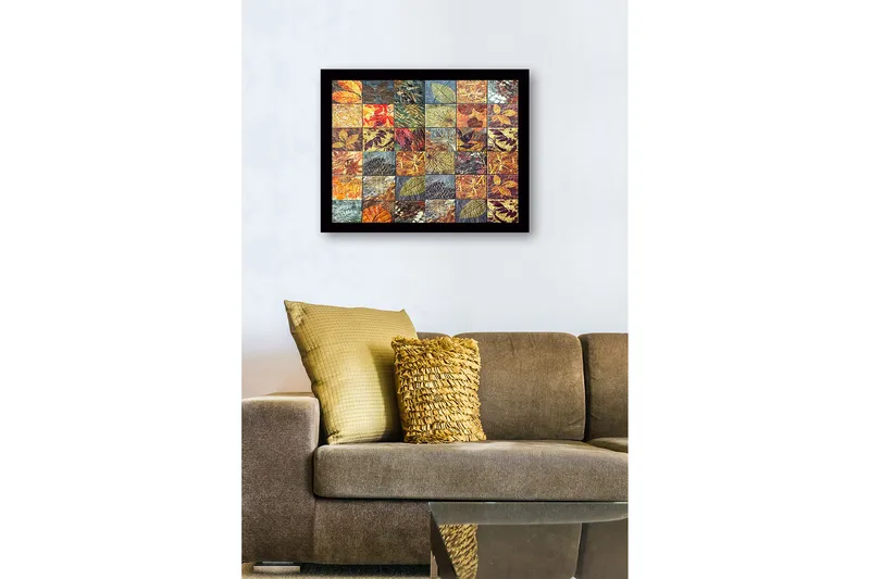 Innrammet lerret i tre - 41x56 cm - Mosaikk av forskjellige blader i varierende farger og teksturer - Gull / Rød / Grønn - Interiør - Maleri & posters - Lerretsbilder