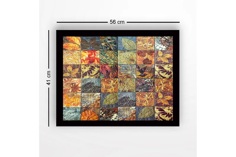 Innrammet lerret i tre - 41x56 cm - Mosaikk av forskjellige blader i varierende farger og teksturer - Gull / Rød / Grønn - Interiør - Maleri & posters - Lerretsbilder