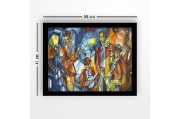 Innrammet lerret i tre - 41x56 cm - Musikalsk opptreden med fire musikere i fargerike klær - Mørk blå / Oransje / Gul - Interiør - Maleri & posters - Lerretsbilder