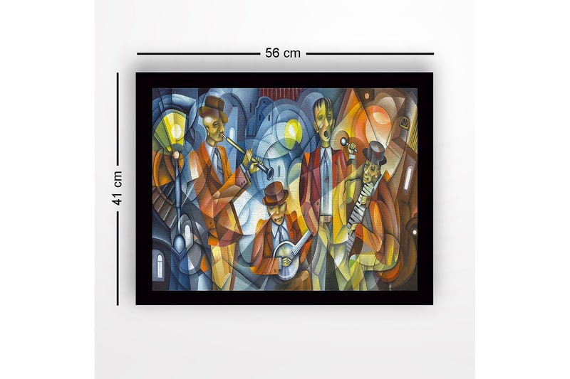 Innrammet lerret i tre - 41x56 cm - Musikalsk opptreden med fire musikere i fargerike klær - Mørk blå / Oransje / Gul - Interiør - Maleri & posters - Lerretsbilder