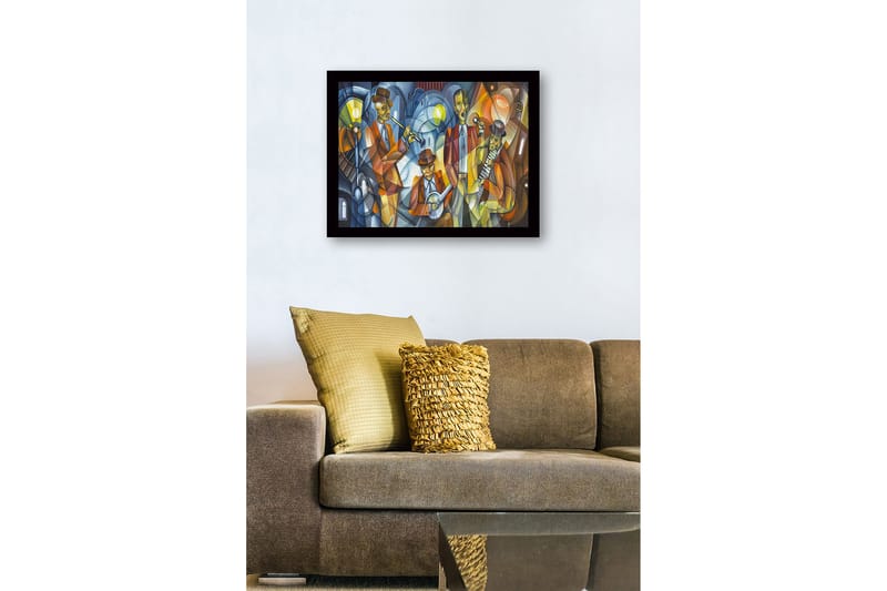 Innrammet lerret i tre - 41x56 cm - Musikalsk opptreden med fire musikere i fargerike klær - Mørk blå / Oransje / Gul - Interiør - Maleri & posters - Lerretsbilder