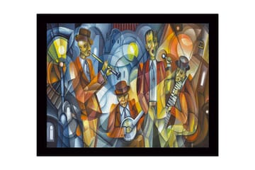 Innrammet lerret i tre - 41x56 cm - Musikalsk opptreden med fire musikere i fargerike klær - Mørk blå / Oransje / Gul - Interiør - Maleri & posters - Lerretsbilder
