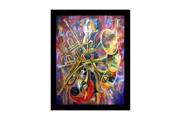 Innrammet lerret i tre - 41x56 cm - Musikalsk uttrykk med instrumenter og abstrakte former - Gull / Rød / Blå - Interiør - Maleri & posters - Lerretsbilder