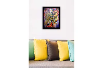 Innrammet lerret i tre - 41x56 cm - Musikalsk uttrykk med instrumenter og abstrakte former - Gull / Rød / Blå - Interiør - Maleri & posters - Lerretsbilder