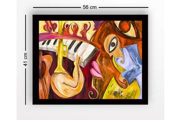 Innrammet lerret i tre - 41x56 cm - Musikalsk uttrykk med instrumenter og ansikter - Gul / Rød / Brun - Interiør - Maleri & posters - Lerretsbilder