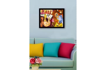 Innrammet lerret i tre - 41x56 cm - Musikalsk uttrykk med instrumenter og ansikter - Gul / Rød / Brun - Interiør - Maleri & posters - Lerretsbilder