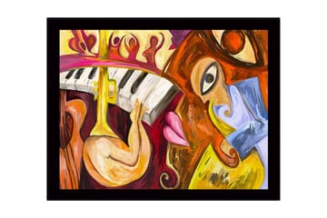 Innrammet lerret i tre - 41x56 cm - Musikalsk uttrykk med instrumenter og ansikter - Gul / Rød / Brun - Interiør - Maleri & posters - Lerretsbilder