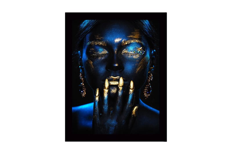 Innrammet lerret i tre - 41x56 cm - Mystisk portrett med gull- og blåtoner, Gull / Mørkeblå