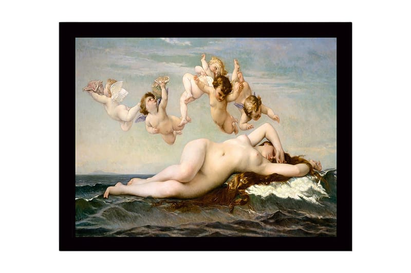 Innrammet lerret i tre - 41x56 cm - Naken kvinne hviler på havets bølger omgitt av engler, Hudtone / Himmelblå / Sjøgrønn