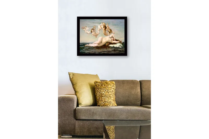 Innrammet lerret i tre - 41x56 cm - Naken kvinne hviler på havets bølger omgitt av engler - Hudtone / Himmelblå / Sjøgrønn - Interiør - Maleri & posters - Lerretsbilder