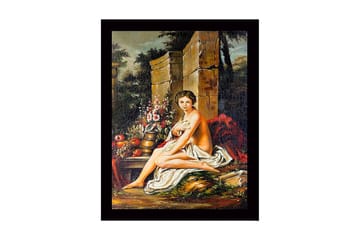 Innrammet lerret i tre - 41x56 cm - Naken kvinne sittende med blomster og frukt i naturskjønne omgivelser - Hudtone / Grønn / Rød - Interiør - Maleri & posters - Lerretsbilder