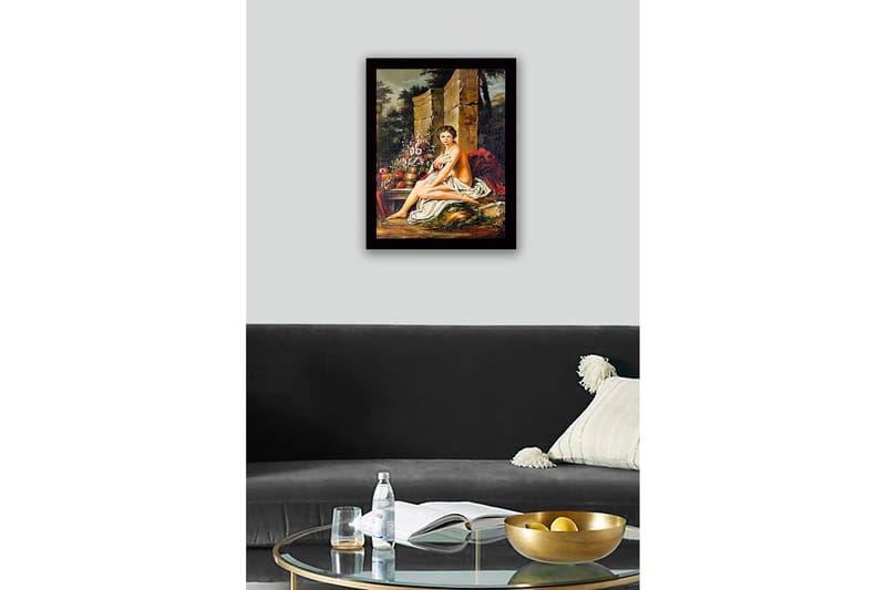 Innrammet lerret i tre - 41x56 cm - Naken kvinne sittende med blomster og frukt i naturskjønne omgivelser - Hudtone / Grønn / Rød - Interiør - Maleri & posters - Lerretsbilder
