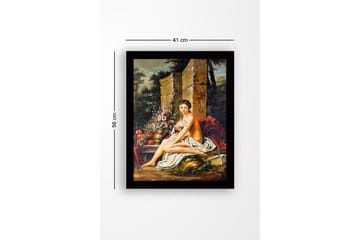 Innrammet lerret i tre - 41x56 cm - Naken kvinne sittende med blomster og frukt i naturskjønne omgivelser - Hudtone / Grønn / Rød - Interiør - Maleri & posters - Lerretsbilder