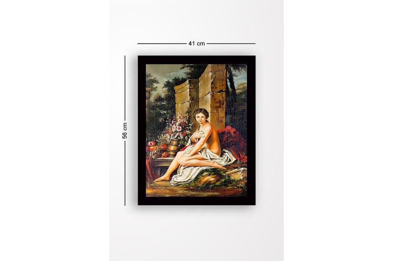 Innrammet lerret i tre - 41x56 cm - Naken kvinne sittende med blomster og frukt i naturskjønne omgivelser - Hudtone / Grønn / Rød - Interiør - Maleri & posters - Lerretsbilder