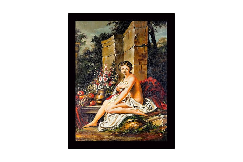 Innrammet lerret i tre - 41x56 cm - Naken kvinne sittende med blomster og frukt i naturskjønne omgivelser, Hudtone / Grønn / Rød
