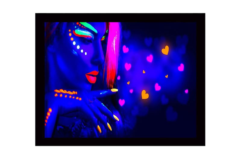 Innrammet lerret i tre - 41x56 cm - Neonfarget portrett av en kvinne med sterke ansiktsmalerier, Blå / Neonoransje / Rosa