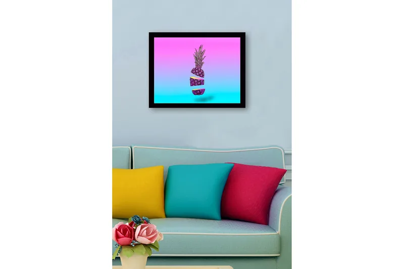 Innrammet lerret i tre - 41x56 cm - Skiver av ananas i en surrealistisk komposisjon - Lilla / Rosa / Turkis - Interiør - Maleri & posters - Lerretsbilder