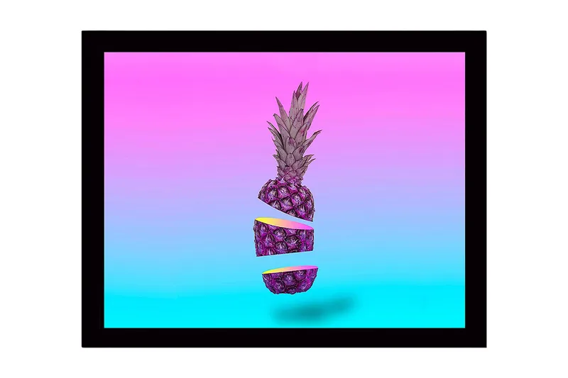 Innrammet lerret i tre - 41x56 cm - Skiver av ananas i en surrealistisk komposisjon, Lilla / Rosa / Turkis