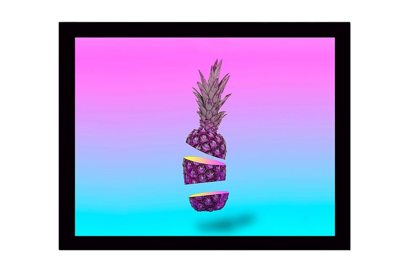 Innrammet lerret i tre - 41x56 cm - Skiver av ananas i en surrealistisk komposisjon, Lilla / Rosa / Turkis